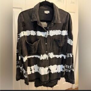 POL Black and White Distressed Denim Jacket Top